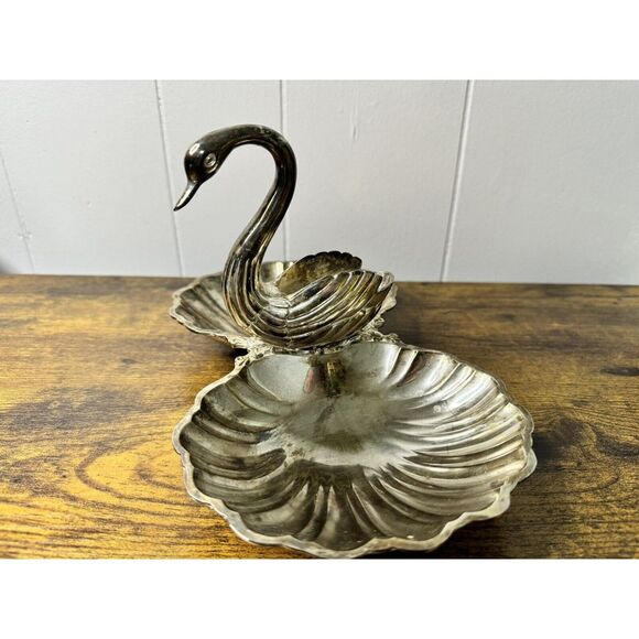 VTG Silverplate Swan & Double Shell Divided Candy/Nut Dish - Picture 3 of 5